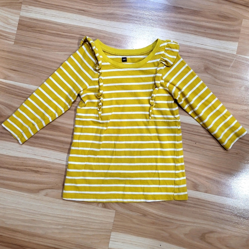 Tea Collection Girls Yellow and White Striped Ruffle Dress, Size 2 (2T)